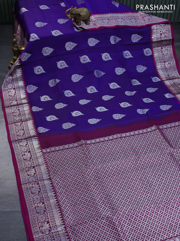 Venkatagiri silk saree blue and dark magenta pink with silver zari woven buttas and rich zari woven border