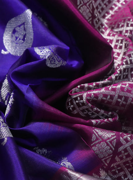 Venkatagiri silk saree blue and dark magenta pink with silver zari woven buttas and rich zari woven border