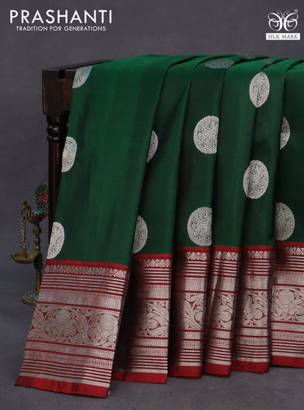 Venkatagiri silk saree dark green and maroon with silver zari woven buttas and rich zari woven border