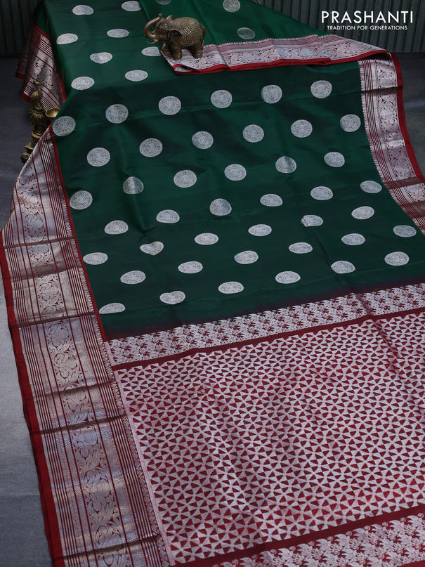 Venkatagiri silk saree dark green and maroon with silver zari woven buttas and rich zari woven border