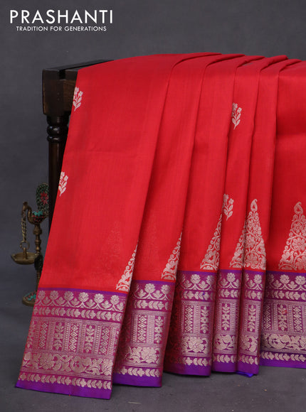 Venkatagiri silk saree red and blue with silver zari woven floral buttas and rich silver zari woven border