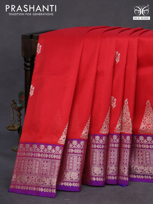 Venkatagiri silk saree red and blue with silver zari woven floral buttas and rich silver zari woven border