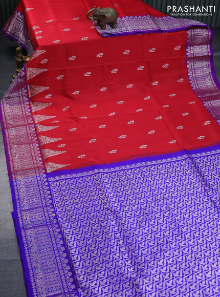 Venkatagiri silk saree red and blue with silver zari woven floral buttas and rich silver zari woven border