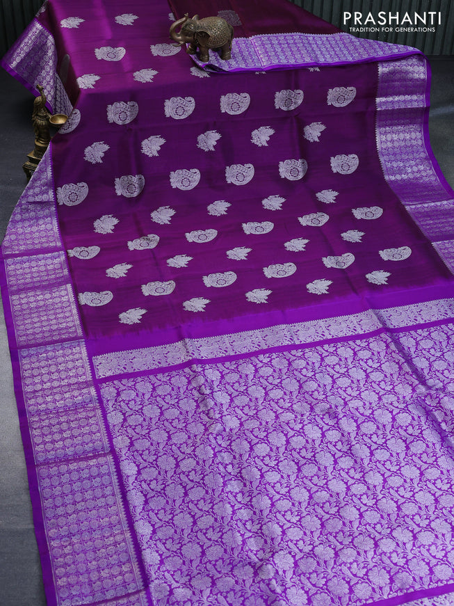 Venkatagiri silk saree dark purple and purple with silver zari woven buttas and rich silver zari woven border