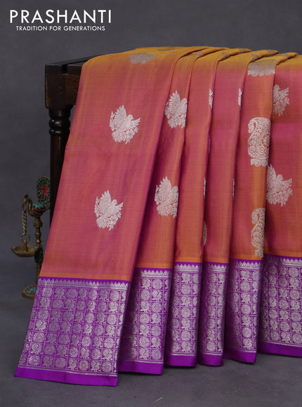 Venkatagiri silk saree dual shade of dark mustard and purple with silver zari woven buttas and rich silver zari woven border