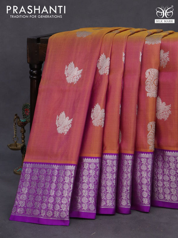 Venkatagiri silk saree dual shade of dark mustard and purple with silver zari woven buttas and rich silver zari woven border