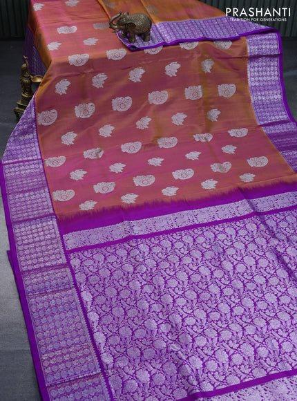 Venkatagiri silk saree dual shade of dark mustard and purple with silver zari woven buttas and rich silver zari woven border