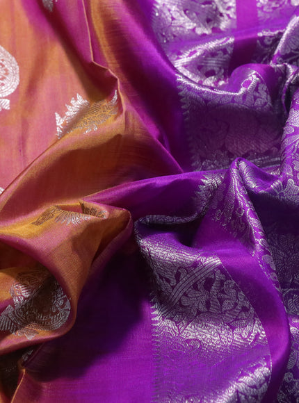 Venkatagiri silk saree dual shade of dark mustard and purple with silver zari woven buttas and rich silver zari woven border