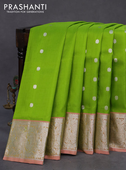 Venkatagiri silk saree light green and peach pink with silver zari woven geometric buttas and rich silver zari woven border