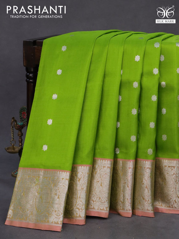 Venkatagiri silk saree light green and peach pink with silver zari woven geometric buttas and rich silver zari woven border