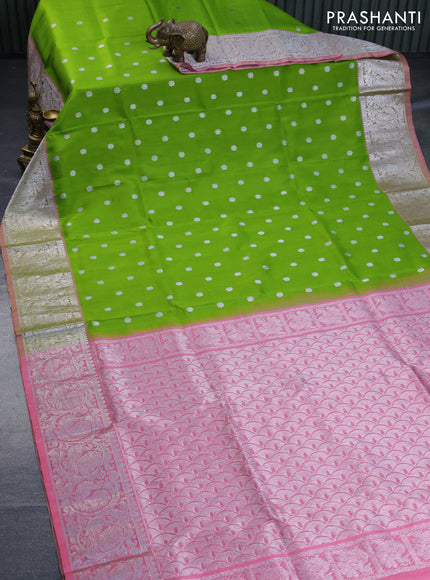 Venkatagiri silk saree light green and peach pink with silver zari woven geometric buttas and rich silver zari woven border