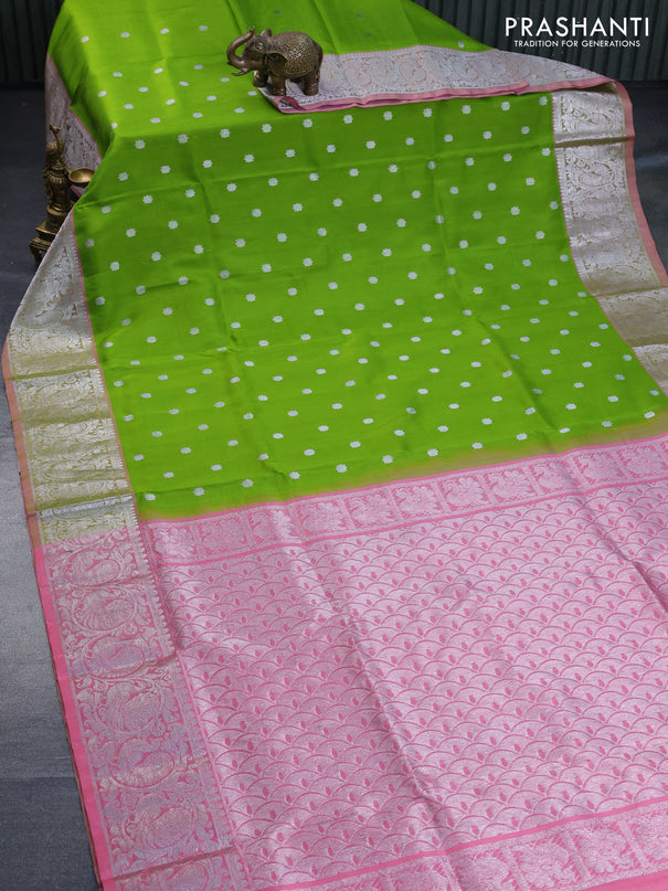 Venkatagiri silk saree light green and peach pink with silver zari woven geometric buttas and rich silver zari woven border