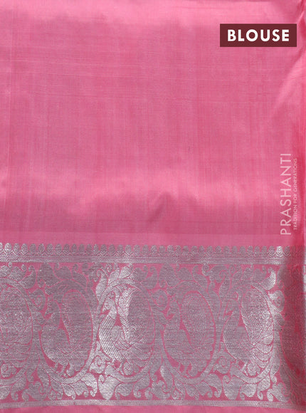 Venkatagiri silk saree light green and peach pink with silver zari woven geometric buttas and rich silver zari woven border