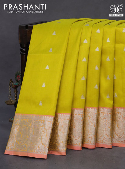 Venkatagiri silk saree lime yellow and peach shade with silver zari woven temple buttas and rich silver zari woven border