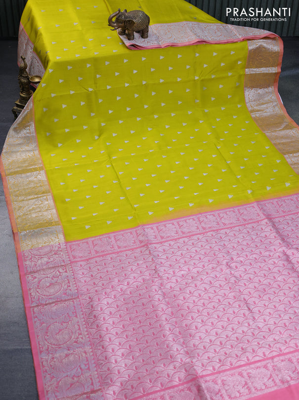 Venkatagiri silk saree lime yellow and peach shade with silver zari woven temple buttas and rich silver zari woven border