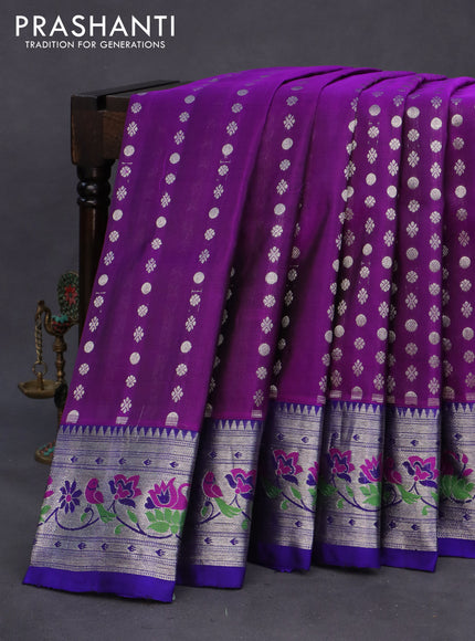 Venkatagiri silk saree purple and blue with allover silver zari woven buttas and rich silver zari woven paithani style border