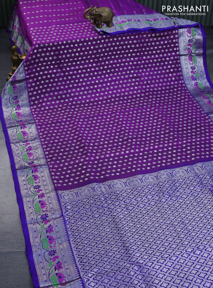 Venkatagiri silk saree purple and blue with allover silver zari woven buttas and rich silver zari woven paithani style border