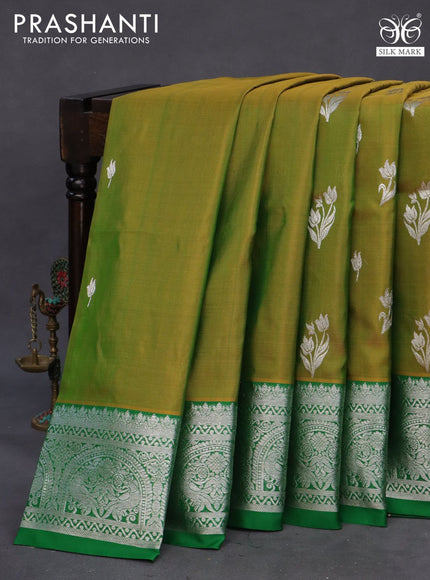 Venkatagiri silk saree dual shade of green and green with silver zari woven floral buttas and rich silver zari woven border