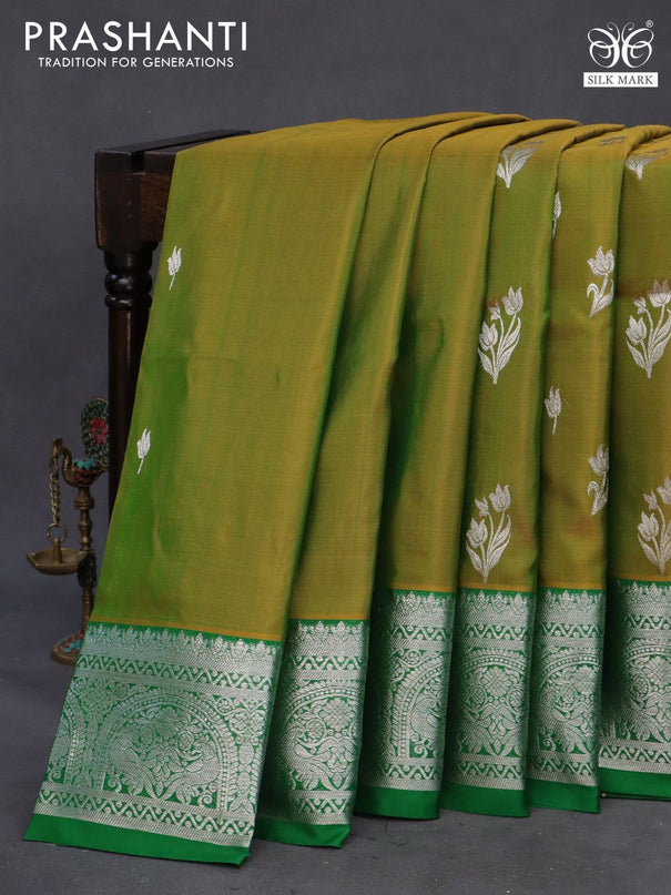 Venkatagiri silk saree dual shade of green and green with silver zari woven floral buttas and rich silver zari woven border