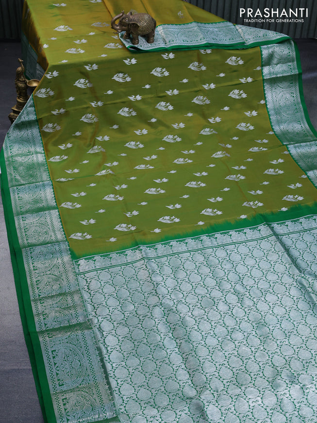 Venkatagiri silk saree dual shade of green and green with silver zari woven floral buttas and rich silver zari woven border