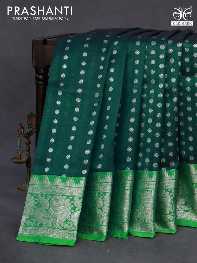 Venkatagiri silk saree peacock green and green with allover silver zari woven buttas and rich silver zari woven border