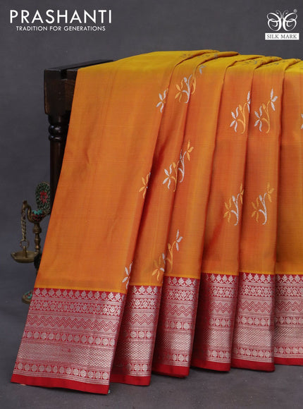 Venkatagiri silk saree dual shade of mustard yellow and maroon with silver & gold zari woven buttas and rich silver zari woven border