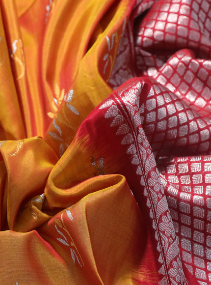 Venkatagiri silk saree dual shade of mustard yellow and maroon with silver & gold zari woven buttas and rich silver zari woven border