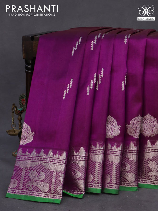 Venkatagiri silk saree purple and parrot green with silver zari woven buttas and rich silver zari woven border