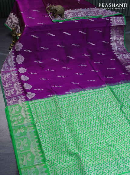 Venkatagiri silk saree purple and parrot green with silver zari woven buttas and rich silver zari woven border