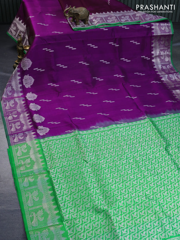 Venkatagiri silk saree purple and parrot green with silver zari woven buttas and rich silver zari woven border