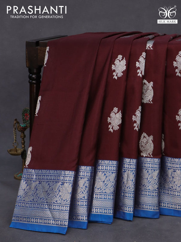 Venkatagiri silk saree deep maroon and cs blue with silver zari woven buttas and rich silver zari woven border