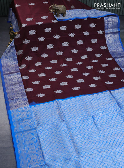 Venkatagiri silk saree deep maroon and cs blue with silver zari woven buttas and rich silver zari woven border