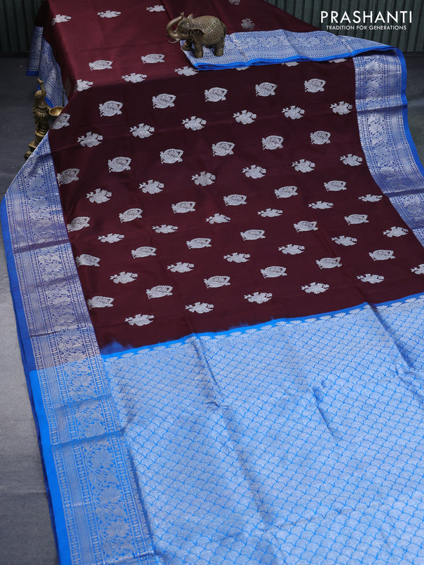 Venkatagiri silk saree deep maroon and cs blue with silver zari woven buttas and rich silver zari woven border