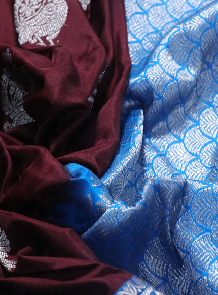 Venkatagiri silk saree deep maroon and cs blue with silver zari woven buttas and rich silver zari woven border