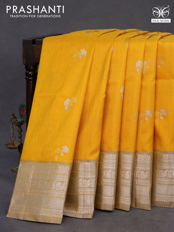 Venkatagiri silk saree yellow and grey with silver & gold zari woven floral buttas and rich silver zari woven border