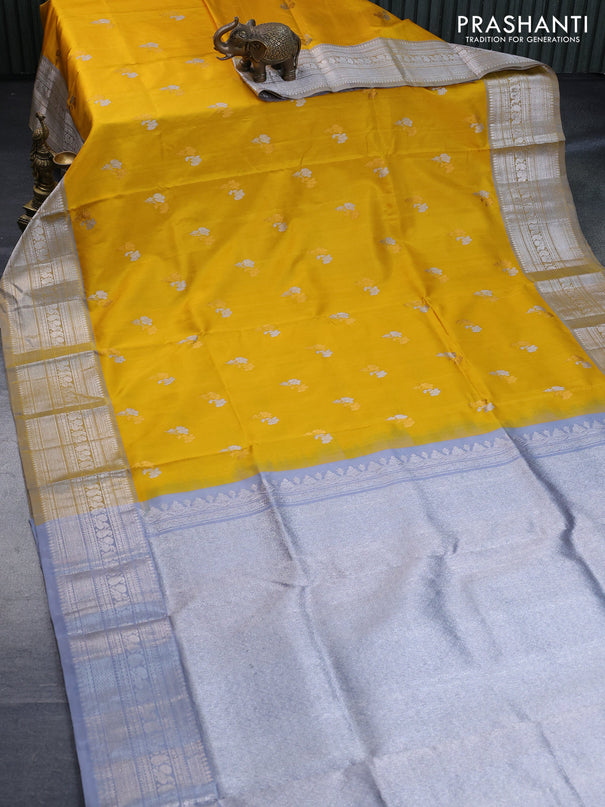 Venkatagiri silk saree yellow and grey with silver & gold zari woven floral buttas and rich silver zari woven border