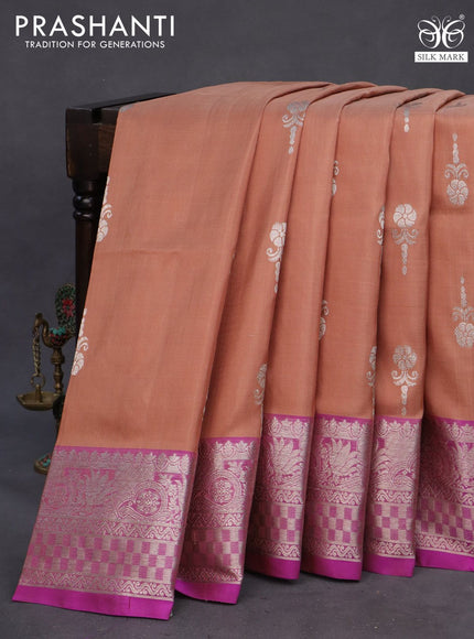 Venkatagiri silk saree pastel brown shade and purple with silver zari woven buttas and rich silver zari woven border