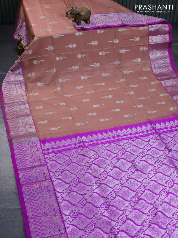 Venkatagiri silk saree pastel brown shade and purple with silver zari woven buttas and rich silver zari woven border