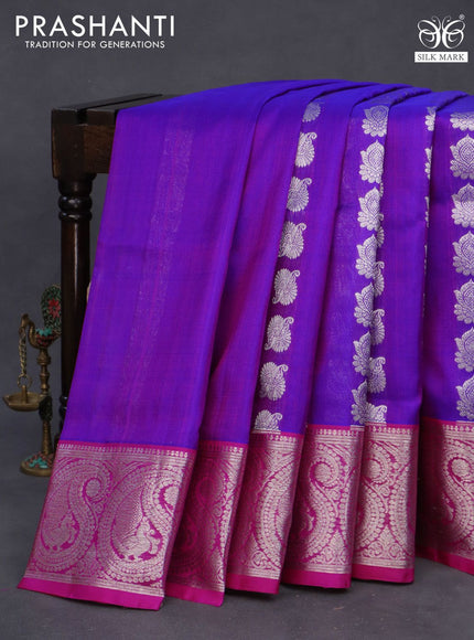 Venkatagiri silk saree dual shade of purple and pink with allover silver zari woven buttas and rich paisley silver zari woven border