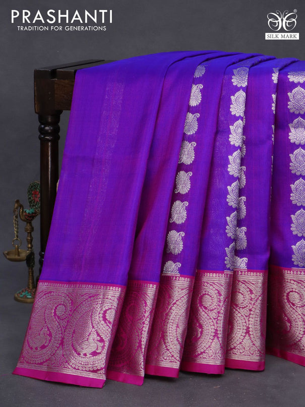 Venkatagiri silk saree dual shade of purple and pink with allover silver zari woven buttas and rich paisley silver zari woven border