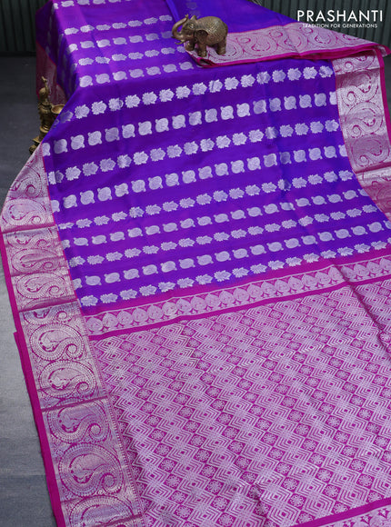 Venkatagiri silk saree dual shade of purple and pink with allover silver zari woven buttas and rich paisley silver zari woven border