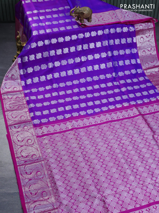 Venkatagiri silk saree dual shade of purple and pink with allover silver zari woven buttas and rich paisley silver zari woven border