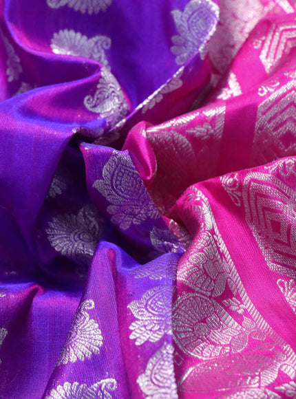 Venkatagiri silk saree dual shade of purple and pink with allover silver zari woven buttas and rich paisley silver zari woven border