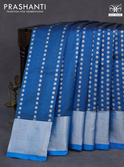 Venkatagiri silk saree peacock blue and cs blue with allover silver zari woven buttas and silver zari woven border