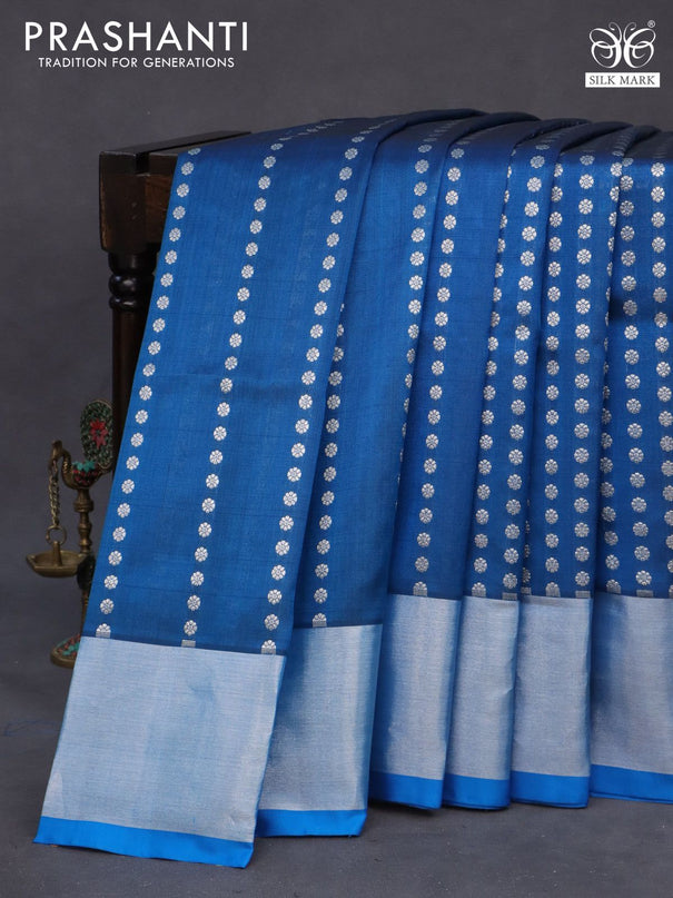 Venkatagiri silk saree peacock blue and cs blue with allover silver zari woven buttas and silver zari woven border