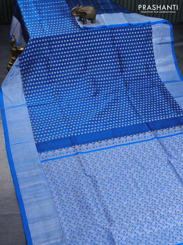 Venkatagiri silk saree peacock blue and cs blue with allover silver zari woven buttas and silver zari woven border