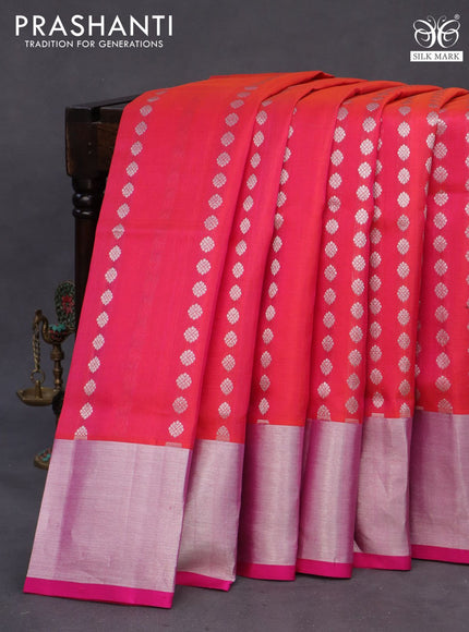 Venkatagiri silk saree dual shade of pinkish orange and pink with allover silver zari woven buttas and silver zari woven border