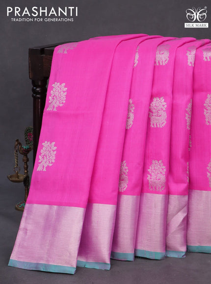 Venkatagiri silk saree candy pink and teal green shade with silver zari woven buttas and silver zari woven border