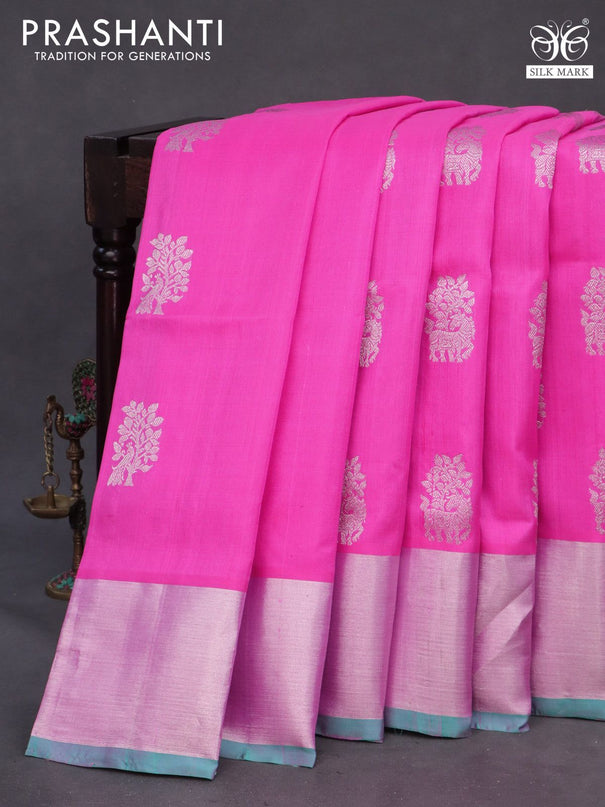 Venkatagiri silk saree candy pink and teal green shade with silver zari woven buttas and silver zari woven border