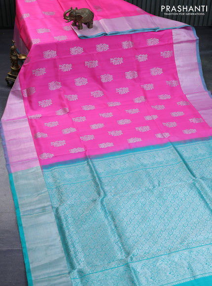 Venkatagiri silk saree candy pink and teal green shade with silver zari woven buttas and silver zari woven border